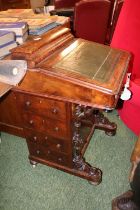 Victorian Mahogany & Walnut Inlaid Davenport with green leather top and matching key