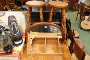 Oval Mahogany mirror, Pine Corner wall shelf and a Pair of stools