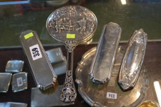 Interesting White metal embossed dressing table mirror and 2 Silver Dressing table brushes