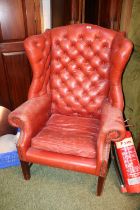 Red Leather Chesterfield Button back Elbow chair on straight supports