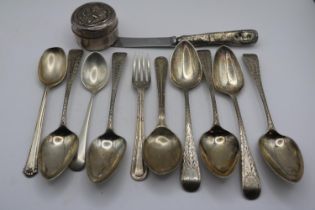 Collection of assorted Silver Flatware and a Silver figural embossed pill pot 190g total weight