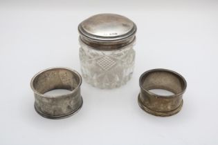 Silver topped cut glass powder jar and 2 Silver Napkin rings 47g total weight