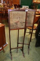 Pair of 19thC Mahogany framed fire screens with inset Samplers over sloped feet