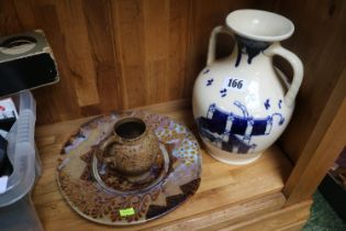 John Calver Studio Pottery Plate, Studio Pottery Mug and a Two Handled Chinese design vase