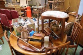 Edwardian Oval Inlaid Tea tray, Mantel clock, Bamboo walking cane and assorted bygones