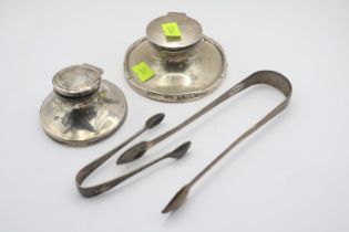 2 Silver Capstan Inkwells and 2 Silver Sugar tongs (43g)