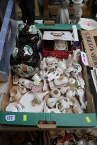 Box of assorted Crested China, Pair of lidded ginger jars with Geisha decoration