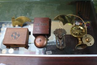 Box of small collectables to include Trade Butler Bell, Art Nouveau Door knocker, Parquetry Inlaid