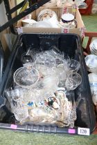 Box of assorted glassware and ceramics inc. Kelboro brothers character Jug, Royal Venton ware etc