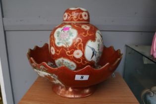 Early 20th century large Japanese Kutani Porcelain Ginger Jar and Bowl. Red ground and gilt detail