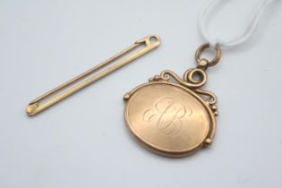 9ct Gold Tie Bar and a Early 20thC 9ct Gold Rotating watch chain fob 7.8g total weight