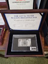 The 2017 5oz Silver Bullion Britannia Bar with certificate 1997 - 2017