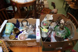 2 Boxes of assorted Ceramics and glassware to include Oil Lamp with cast iron base, Brentleigh ware,