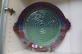 Large studio pottery dish (37cm) depicting school of fish by Michael Kennedy,