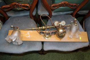 Antique brass gas light chandelier on pully with glass shades