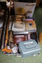 Collection of assorted Bygones inc. 2 Tri-ang Dairy Grade A Milk Tins, Fencing Sword etc