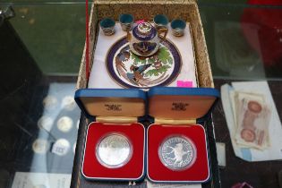 Cased Enamelled Miniature Tea set and 2 1977 Crowns cased