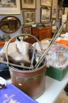 Copper and Brass banded Coal Bucket, Brass Companion Set and Ice Skates