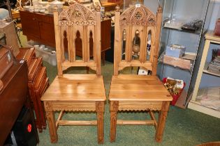 Pair of Pine Gothic Hall Chairs with pierced backs