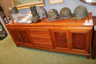 Chinese Hardwood Sideboard of 3 drawers flanked by cupboards with carved scroll front 183cm