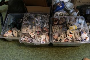 3 Boxes of assorted ceramics and glassware and a large collection of Ceramic boots