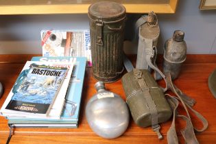 WWII German Gas Mask, collection of Water bottles and assorted Books to include Small Arms, German