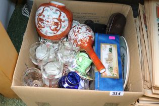 Box of assorted Ceramics, Glassware and Cine items inc. Kutani Vase, Drinking glasses etc