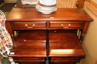20thC Hardwood side table of 2 drawers with brass drop handles and turned supports