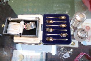 Cased Set of 6 Silver Teaspoons, Cased Silver Napkin ring, Silver rimmed match striker and a