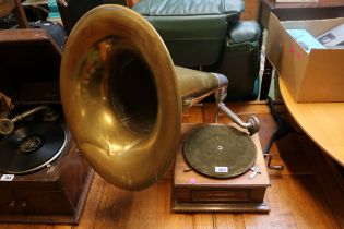 The Alert Oak cased record player with Brass trumpet