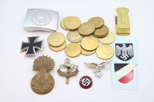 Collection of Brass Military Museum Coins, Reproduction German Buckle, Original Third Reich Badge