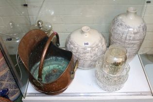 Collection of Studio Pottery and a Copper coal Helmet