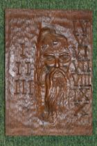 Hand Carved mouseman style wooden plaque depicting biblical scene of Moses and the ten commandments.