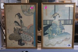 Pair of Japanese Prints Depicting seated Geisha with character marks