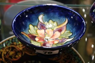 Moorcroft Columbine pattern bowl with paper label to base. 14cm in Diameter