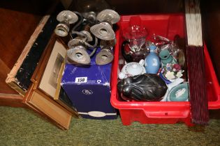 Box of assorted ceramics and glassware, Silver plated ware etc inc. Candlebras, Chinese Fan,