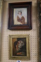 19thC Oil on canvas of a boy on step unsigned and a Oil on Board portrait of a Young Woman