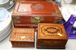 Chinese Hardwood brass bound Jewellery Case, Bone Inlaid cigarette box and a Parquetry inlaid