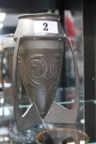 Archibald Knox Liberty & Co English Pewter Embossed Pewter Rocket vase stamped 0226. 18cm in Height