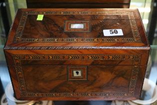 Victorian Parquetry Inlaid Walnut box with Mother of Pearl escutcheon. 28cm in width