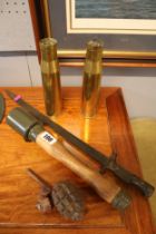 Reproduction German stick Grenade, Inert Grenade, 2 Brass Shells and a Bayonet