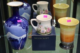 Boxed Moorcroft Mug, Shelley banded vase and a Winton Blue and White Vase