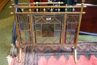 Edwardian Aesthetics movement fire screen with leaded glass panels, central panel decorated with