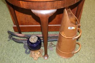 Copper Coal Scuttle, Pair of Horse Hames, Cast Iron cooking rack and a Oil Lamp with Blue glass