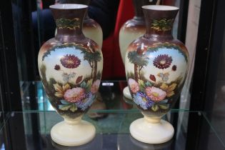 Pair of Edwardian Opaque hand painted Vases with floral decoration 30cm in Height