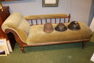 Victorian Carved Oak Upholstered Chaise Longue on fluted legs and casters