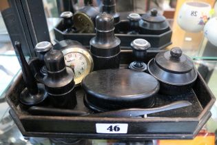 Edwardian Ebony dressing table set comprising of tray, powder pots, clock etc