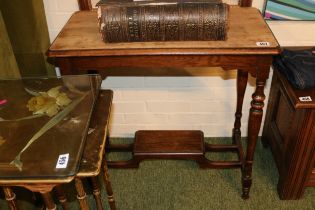 19thC Oak Narrow side table on turned supports and under tier