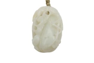 Fine Antique Chinese Celadon Jade Oval Gourd Pendant Charm with carved Foliage mounted on braided