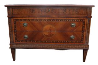 Fine Annico Baggio Parquetry Kingwood Inlaid Commode of 3 drawers with Oval Brass drop handles